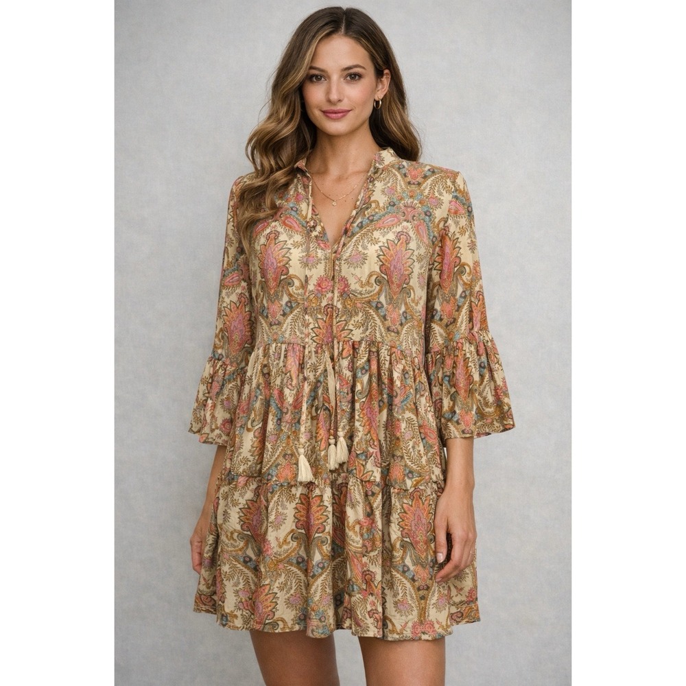 Paani Smock Dress Women's Small Brown Paisley Print Long Sleeve Layer Flowy Boho